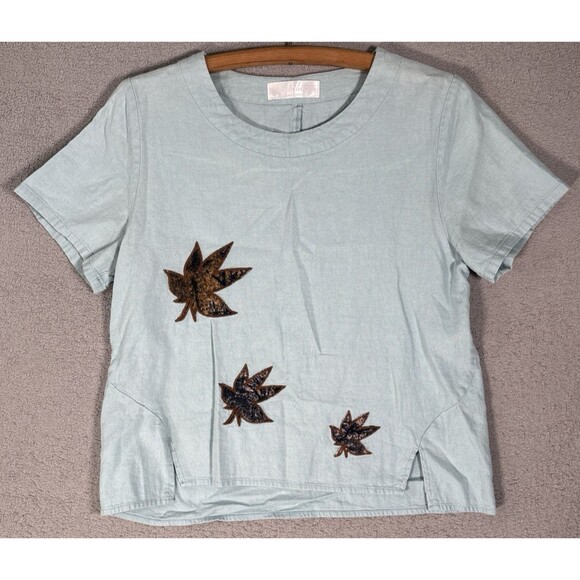 Baletti Vitorino Top Women’s Size M Leaf Applique Slit Hem Powder Blue Bohemian - Picture 1 of 13